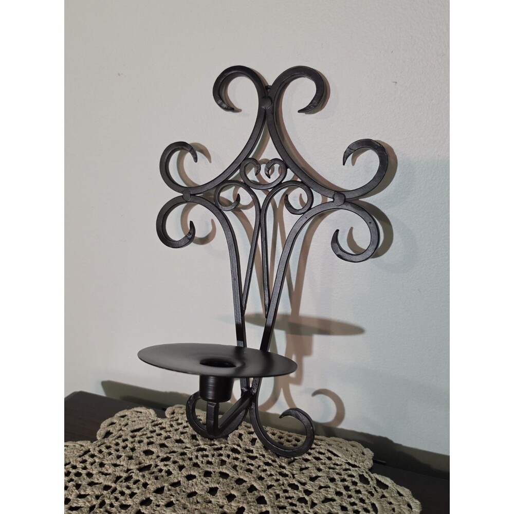 Black Wrought Iron Wall Candle Sconce Scroll Pillar Holder Vintage Farmhouse - Picture 2 of 10
